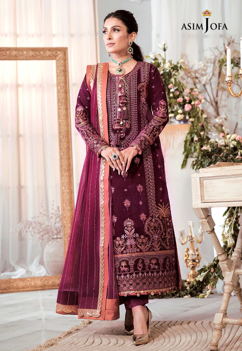 ASIM JOFA | EMBRIODERED VELVET SHIRT + SILK PANTS + EMBRIODERD CHIFFON DUPATTA | MEDIUMTA