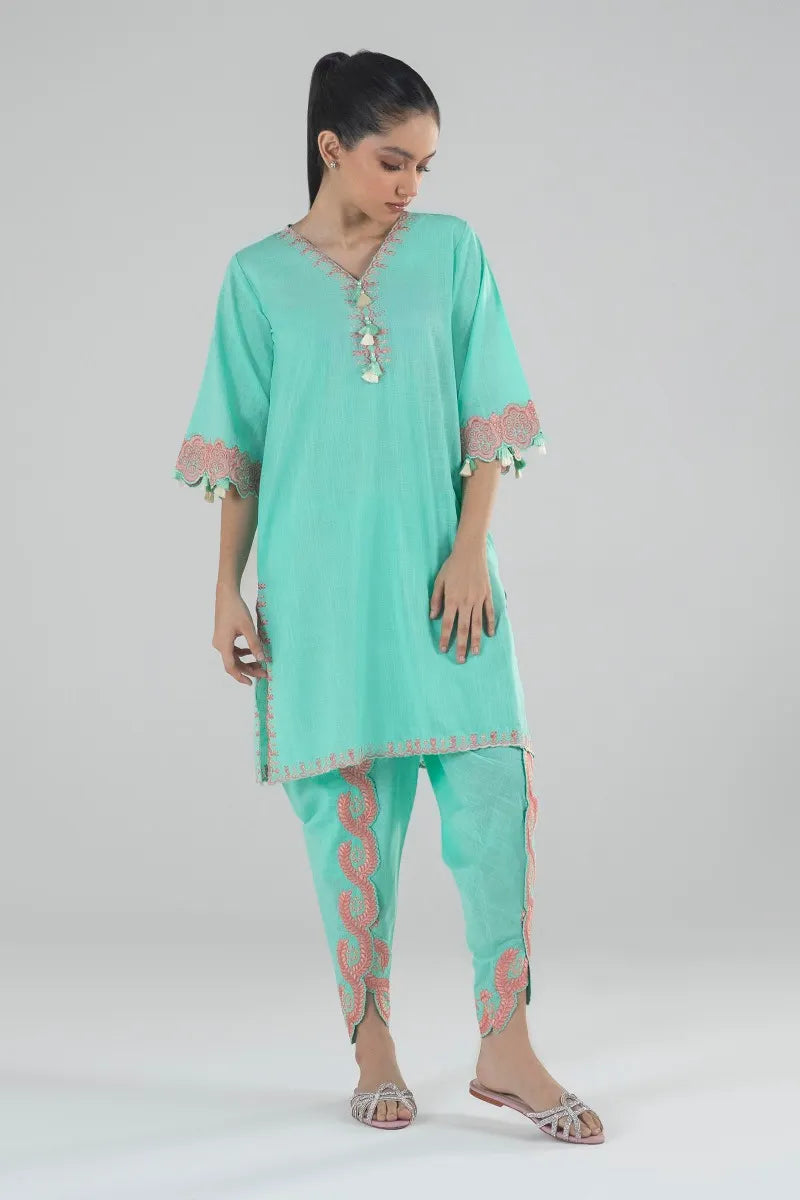 SANA SAFINAZ |AQUA SHIRT WITH TULIP SHALWAR | LITTLE GIRLS | KIDS | 10-11 Y