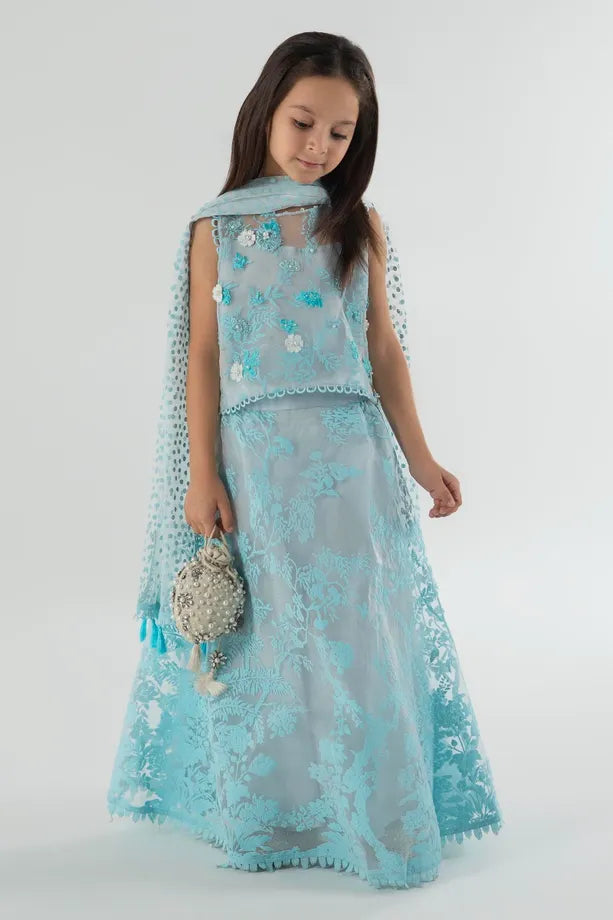 SANA SAFINAZ |BLUE ORGANZA SUIT + SHARARA + DUPATTA | LITTLE GIRLS | KIDS | 8-9Y