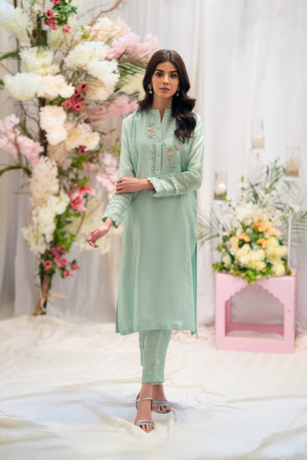 PEHRWAAS | MINT HAND EMBRIODERED SILK SHIRT + SILK PANTS + SILK DUPATTA | SMALL