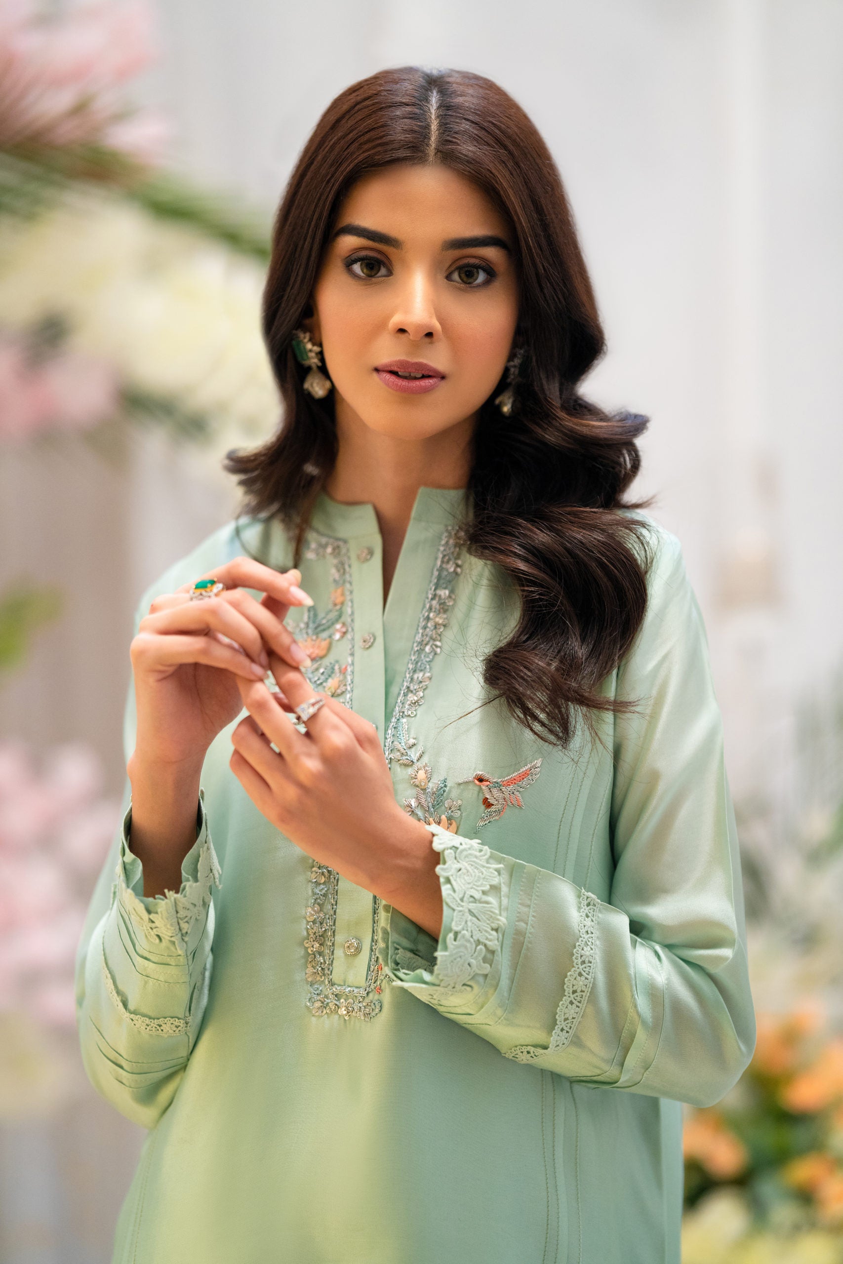 PEHRWAAS | MINT HAND EMBRIODERED SILK SHIRT + SILK PANTS + SILK DUPATTA | SMALL