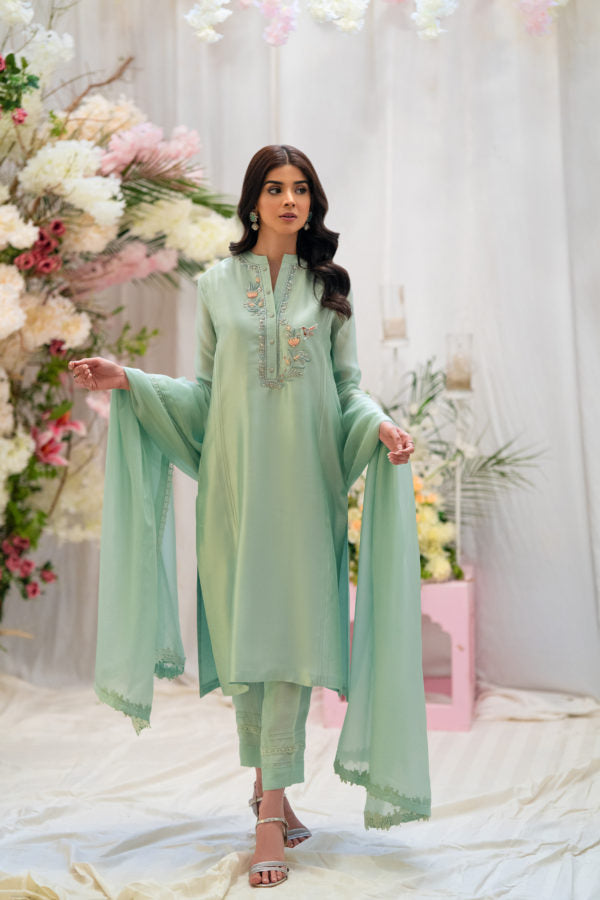 PEHRWAAS | MINT HAND EMBRIODERED SILK SHIRT + SILK PANTS + SILK DUPATTA | SMALL