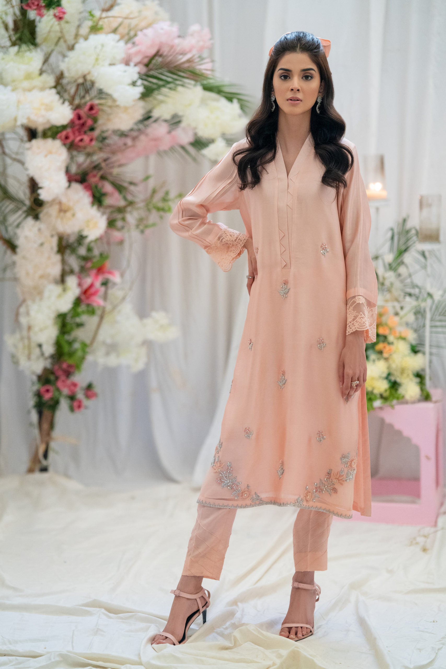 PEHRWAAS | PEACH HAND EMBRIODERED SILK SHIRT + SILK PANTS + SILK DUPATTA | SMALL