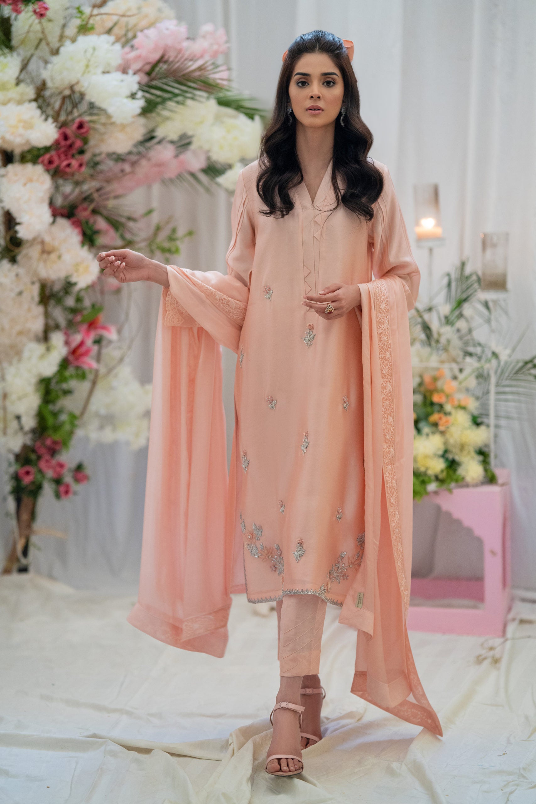 PEHRWAAS | PEACH HAND EMBRIODERED SILK SHIRT + SILK PANTS + SILK DUPATTA | SMALL