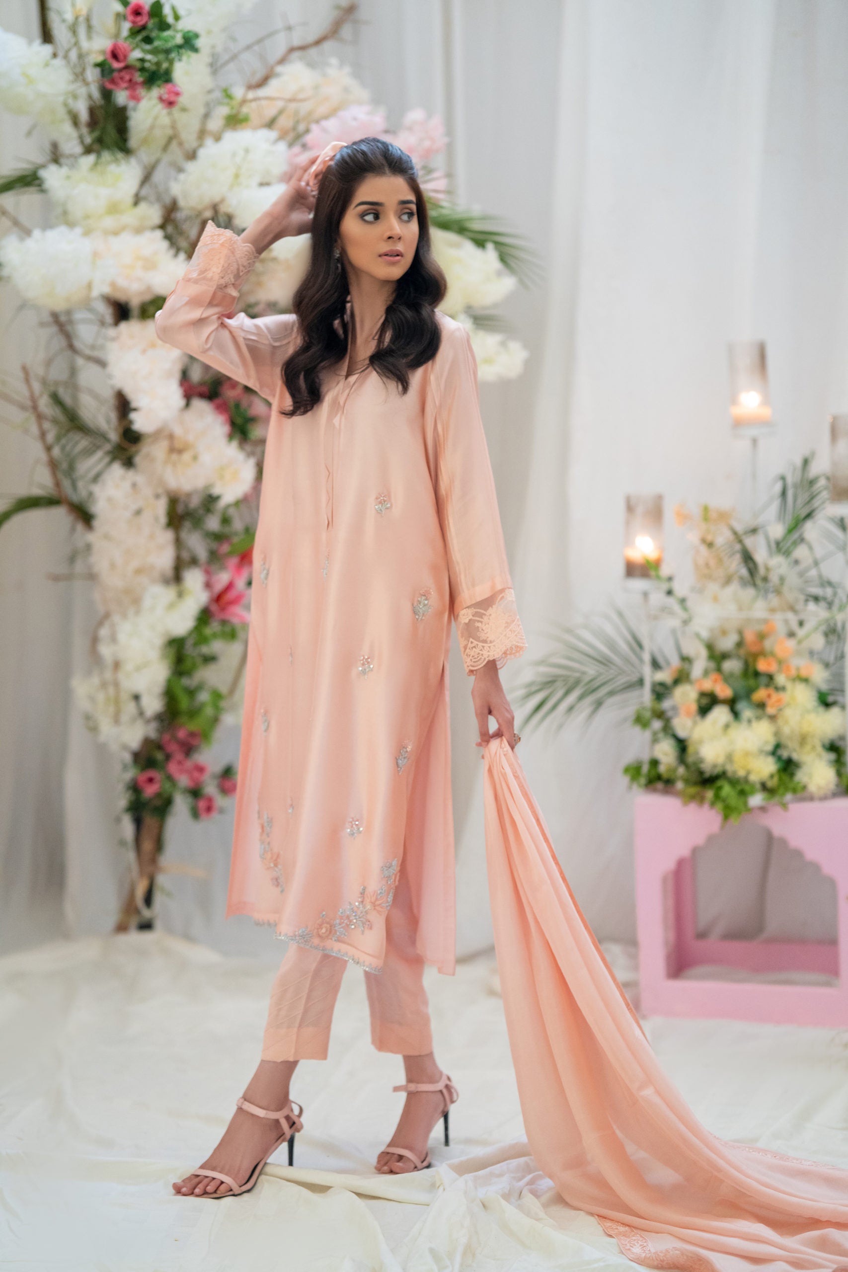 PEHRWAAS | PEACH HAND EMBRIODERED SILK SHIRT + SILK PANTS + SILK DUPATTA | SMALL