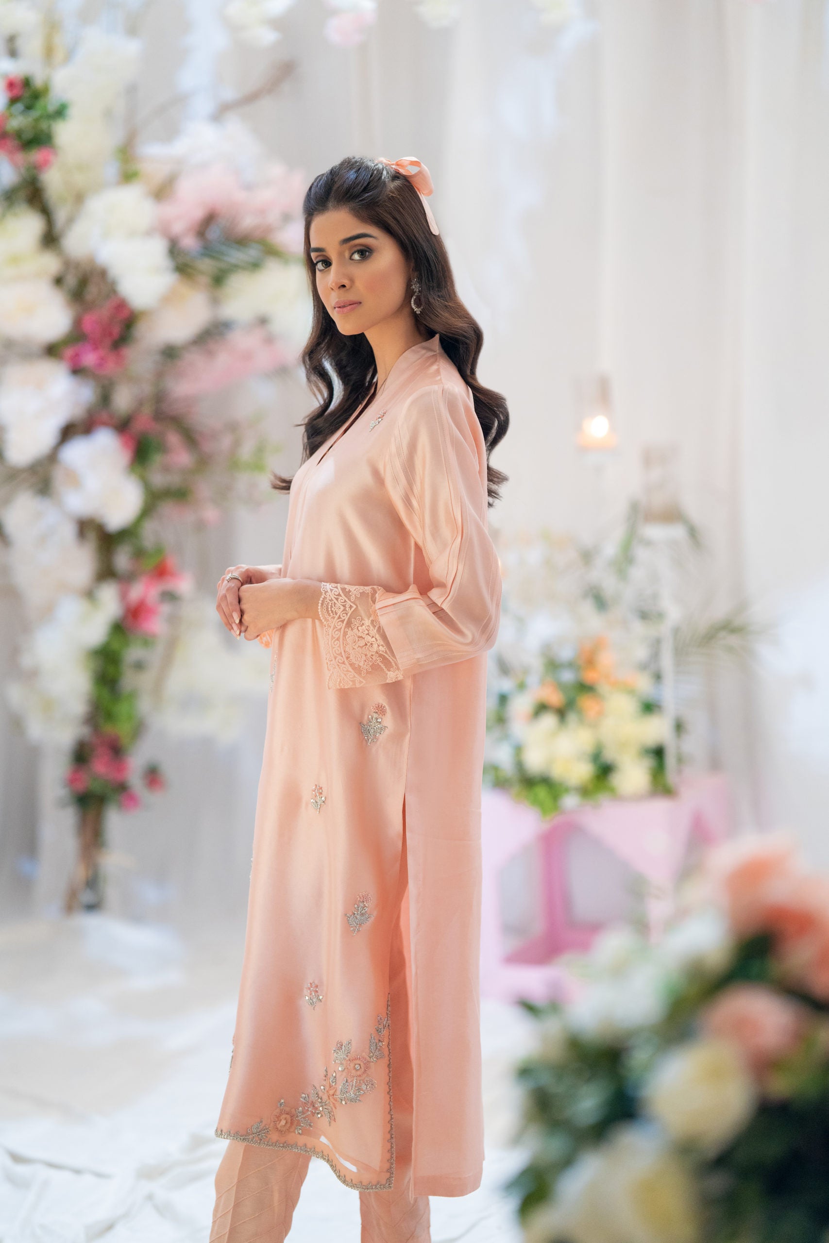 PEHRWAAS | PEACH HAND EMBRIODERED SILK SHIRT + SILK PANTS + SILK DUPATTA | SMALL