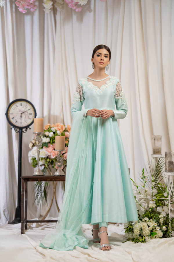 PEHRWAAS | BLUE HAND EMBRIODERED PISHWAAS + SILK PANTS + NET DUPATTA | SMALL