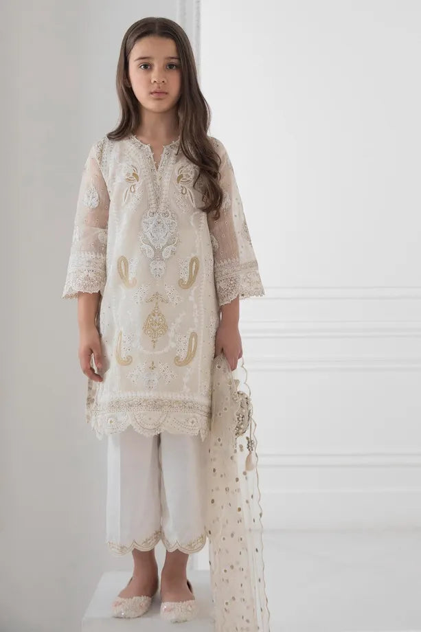SANA SAFINAZ |WHITE SCREEN PRINTED SHIRT + CULOTTES + NET DUPATTA | LITTLE GIRLS | KIDS | 3-4 Y