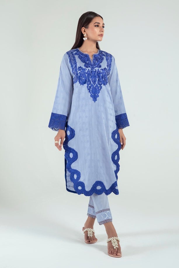 SANA SAFINAZ | BLUE JACQUARD KURTA + STRAIGHT PANTS