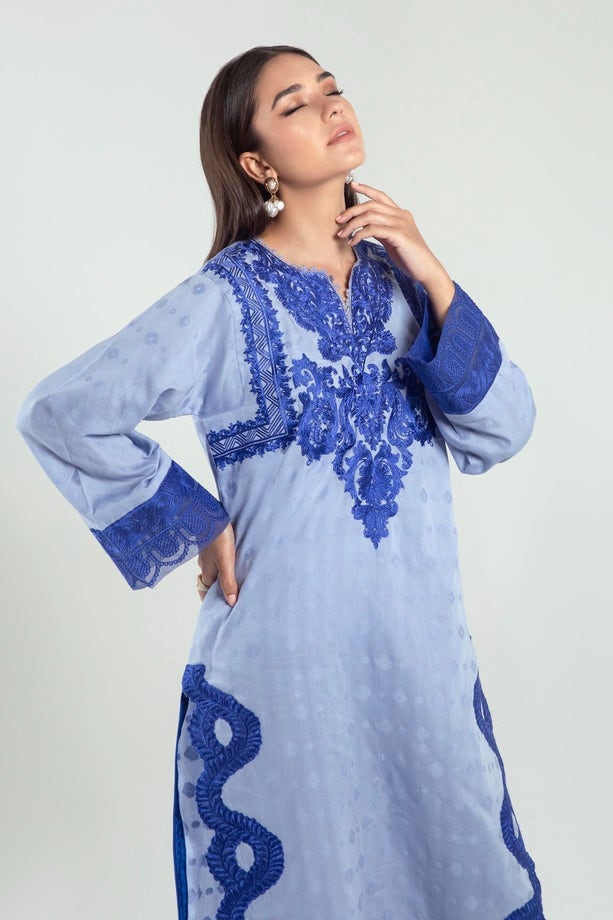SANA SAFINAZ | BLUE JACQUARD KURTA + STRAIGHT PANTS