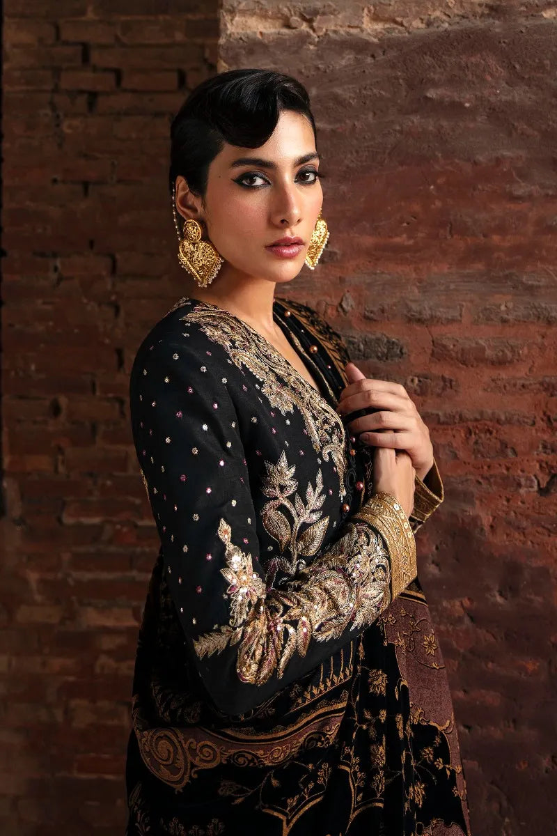 SANA SAFINAZ | BLACK AND GOLD RAW SILK EMBROIDERED SHIRT + RAW SILK PANTS + VELVET SHAWL| MEDIUM