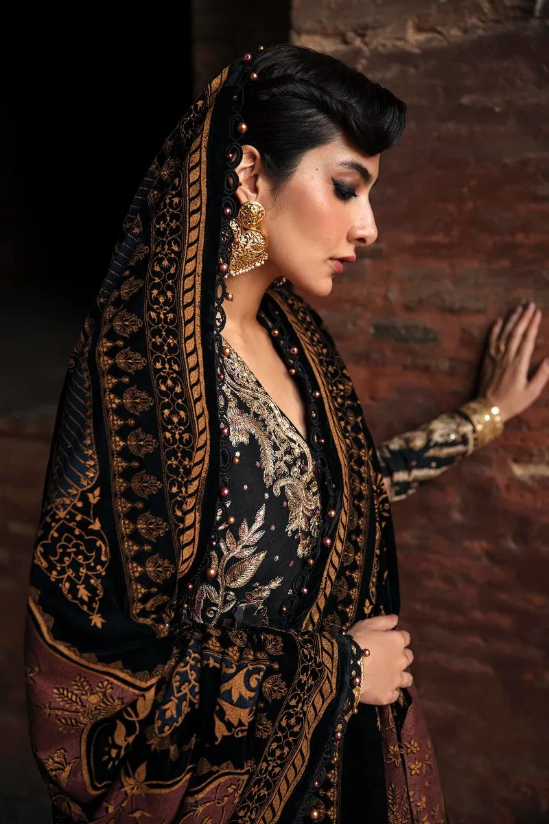 SANA SAFINAZ | BLACK AND GOLD RAW SILK EMBROIDERED SHIRT + RAW SILK PANTS + VELVET SHAWL| MEDIUM
