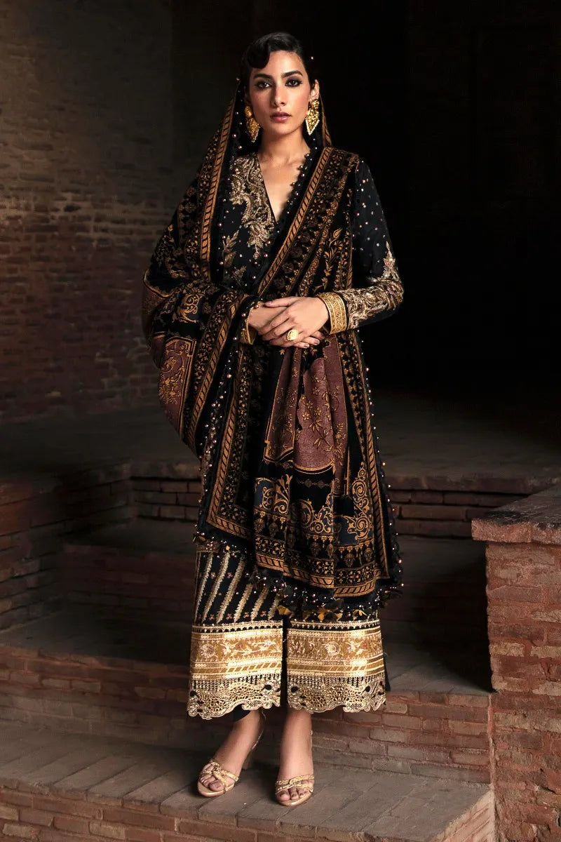 SANA SAFINAZ | BLACK AND GOLD RAW SILK EMBROIDERED SHIRT + RAW SILK PANTS + VELVET SHAWL| MEDIUM