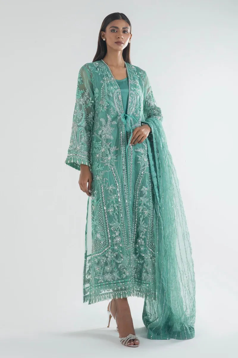 SANA SAFINAZ | DETAILED PEARL WORK ON ORGANZA WITH SLIP + RAW SILK PANTS + NET DUPATTA |MEDIUM