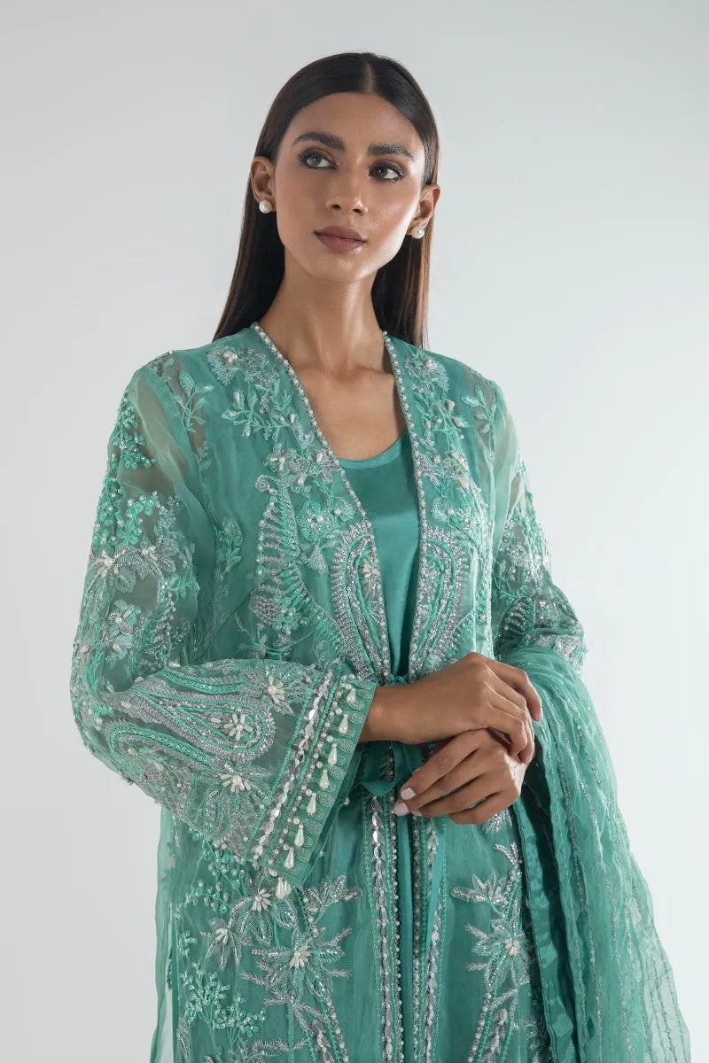 SANA SAFINAZ | DETAILED PEARL WORK ON ORGANZA WITH SLIP + RAW SILK PANTS + NET DUPATTA |MEDIUM