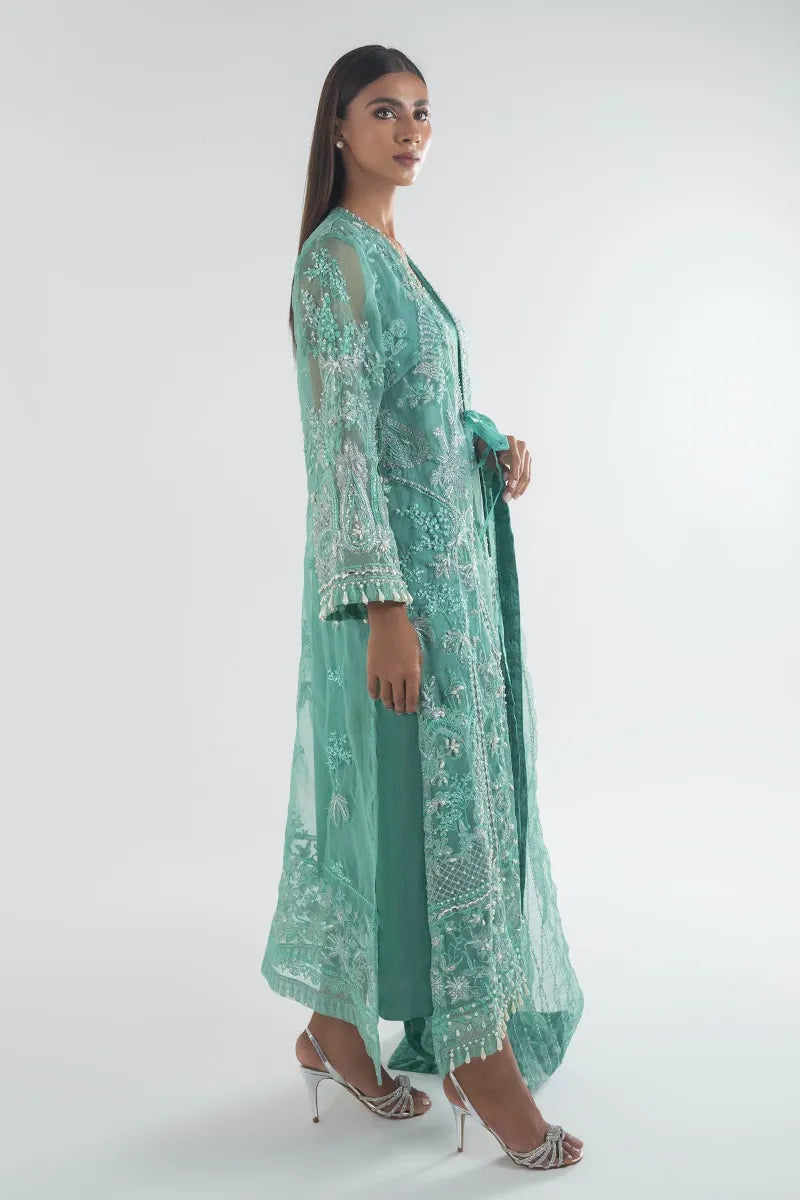 SANA SAFINAZ | DETAILED PEARL WORK ON ORGANZA WITH SLIP + RAW SILK PANTS + NET DUPATTA |MEDIUM