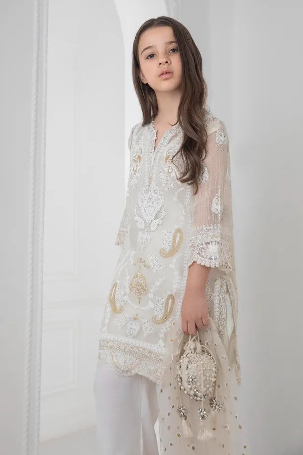 SANA SAFINAZ  |WHITE  SCREEN PRINTED SHIRT + CULOTTES + NET DUPATTA | LITTLE GIRLS | KIDS | 3-4 Y